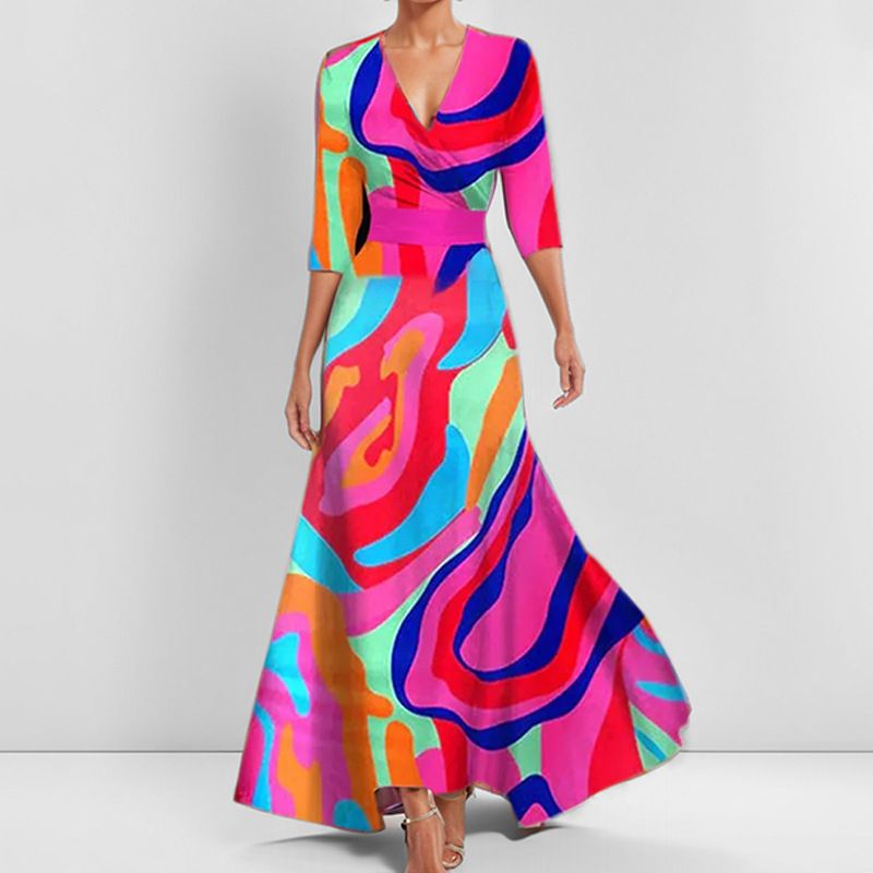 Abito a maniche lunghe con scollo a V stampato, vestibilità attillata, elegante e attillato, da donna, primavera 2025_voghion.com
