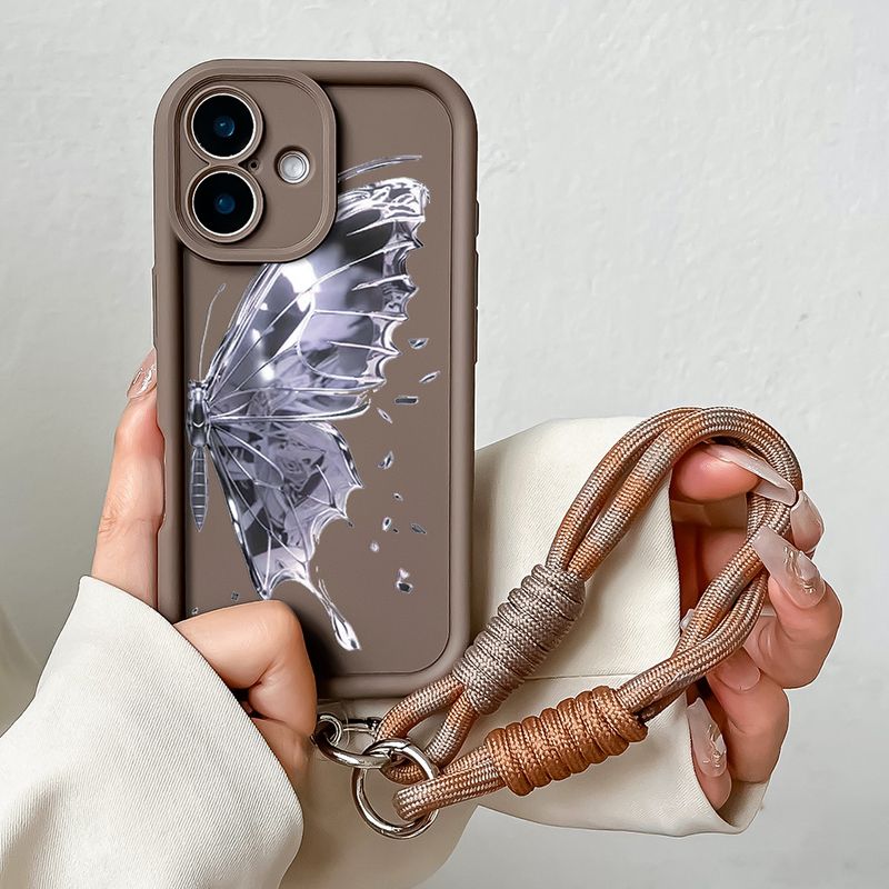 Étui de téléphone avec lanière pour iPhone 16 Pro Max Plus Motif papillon en cristal Souple TPU Chaîne de poignet Sangle de suspension Housse antichoc_voghion.com