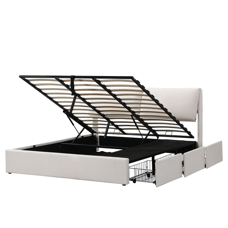 Cadre de lit coffre hydraulique rembourré en velours avec 3 tiroirs, sommier à lattes, beige, 180 x 200 cm, matelas non inclus_voghion.com