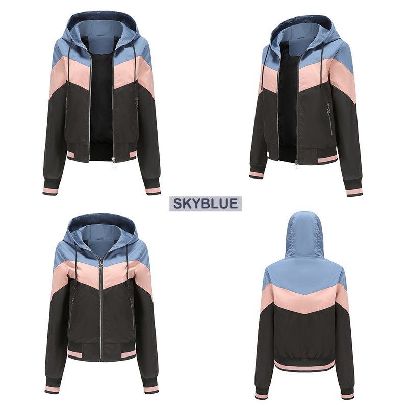 Lichtgewicht trenchcoat voor dames, lente- en herfstjas met capuchon, outdoorregenjas, kleurblok, trekkoordjas_voghion.com