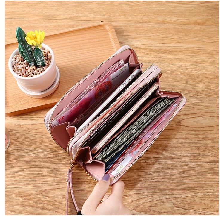 Nueva cartera con doble cremallera para mujer, larga, estilo coreano, con costuras en contraste de color, gran capacidad, doble capa, cartera para teléfono móvil_voghion.com