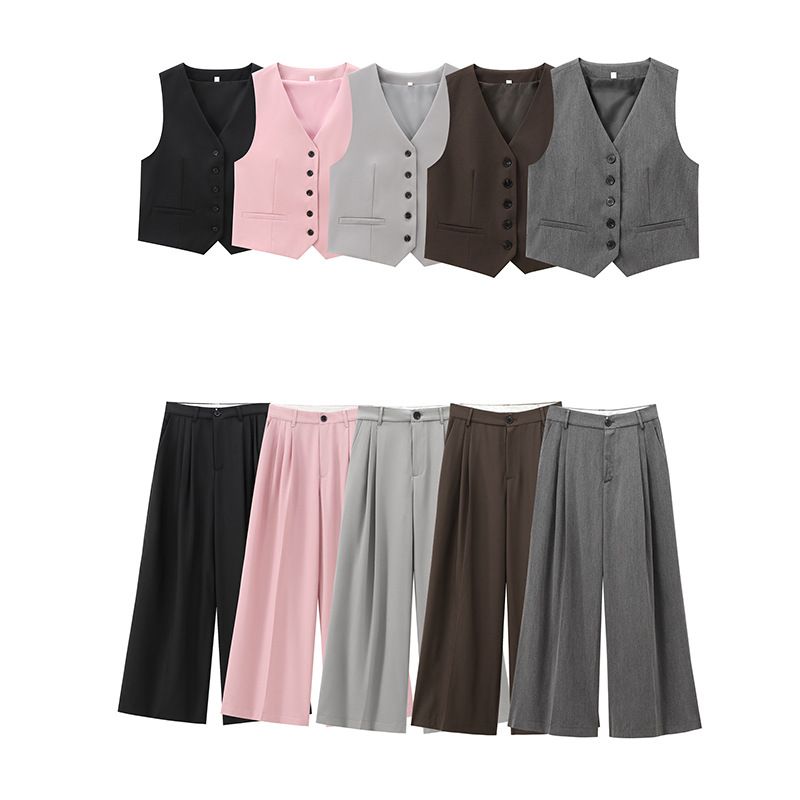 Ropa de mujer Otoño e invierno Nueva moda Trajes casuales Chaleco ajustado con cuello en V sin mangas Chaleco versátil Doble pliegue Cintura alta Pantalones anchos_voghion.com
