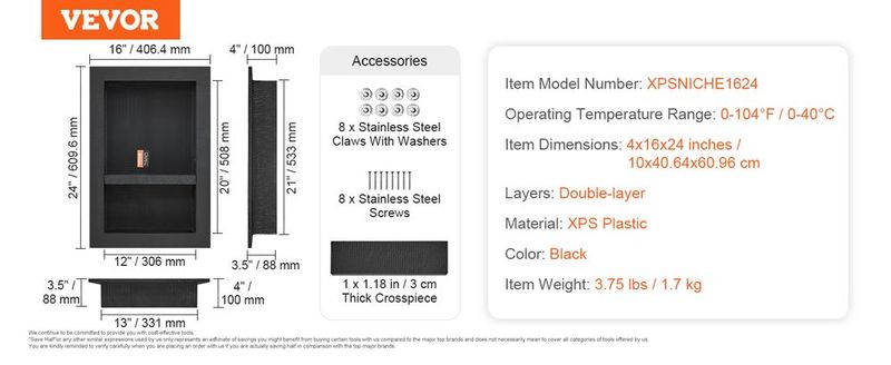 VEVOR Shower Niche Ready For Tile 16" X 24", Double Shelf Organizer, Square Corners Wall-inserted Niche Recessed, Sealed Protection Modern Soap Storage Niche For Shower Bathroom, Black_voghion.com