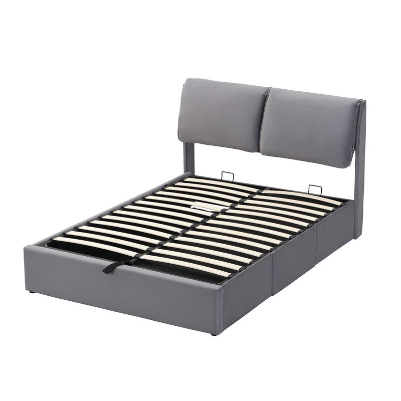 Cadre de lit coffre hydraulique rembourré en velours avec 3 tiroirs, sommier à lattes, tête de lit, 140 x 200 cm, gris, matelas non inclus_voghion.com
