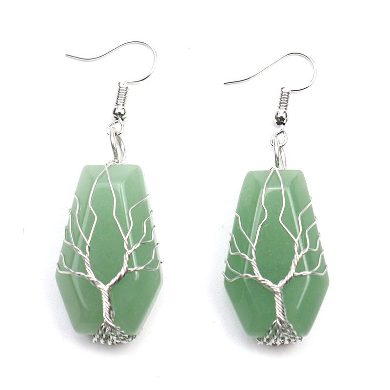 New Handmade Silver Winding Tree Of Life Natural Stone Crystal Agate Coffin Board Earrings Earrings E23_voghion.com