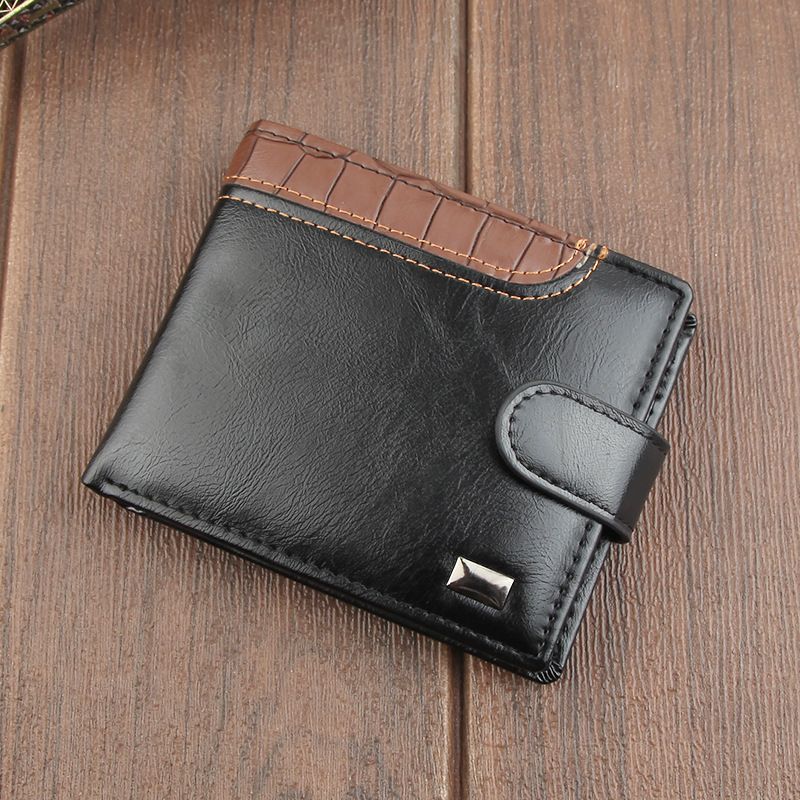 Cartera corta para hombre con hebilla de negocios, de cuero suave, multifunción, con diseño de patchwork, para licencia de conducir_voghion.com