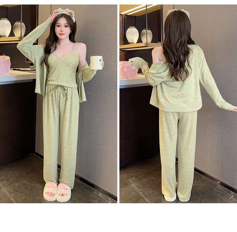 Sexy Pyjamas Für Frauen Frühling Und Herbst Langarm Drei-Stück Set 2025 Neue Mit Brust Pads Winter Homewear Gestrickte_voghion.com