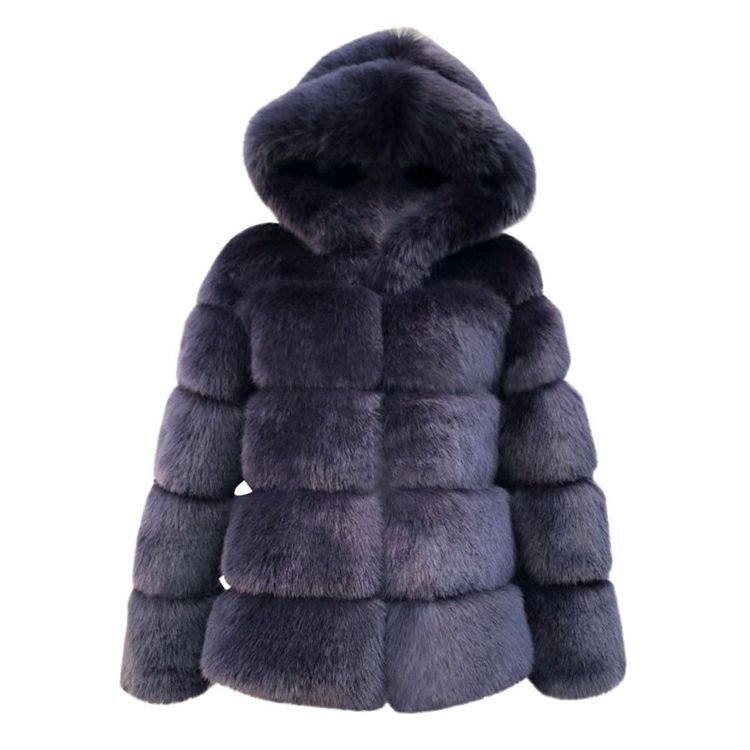 Damenmode-Imitat-Fuchspelz-Kapuzen-Damenmantel mit langen Ärmeln_voghion.com