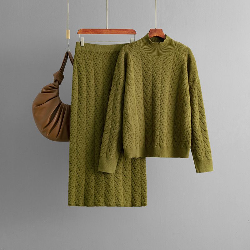 Women's Jacquard Knit Set – Mock Neck Top & Midi Skirt (One Size, Viscose-Blend, Black/Beige/Khaki/Olive/Lavender, Fall Workwear Collection)_voghion.com