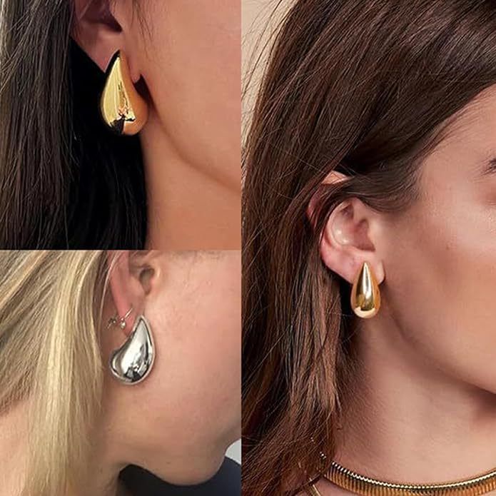 Stainless steel hollow teardrop earrings high end real gold plated simple style teardrop earrings_voghion.com