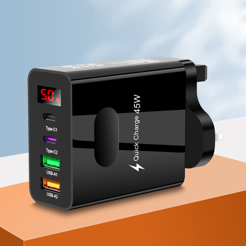 Standard 45 W-os 2 USB + 2 db C típusú, digitális kijelzős mobiltelefon-töltő, többportos töltőfejjel, európai, amerikai, brit és koreai csatlakozóval_voghion.com