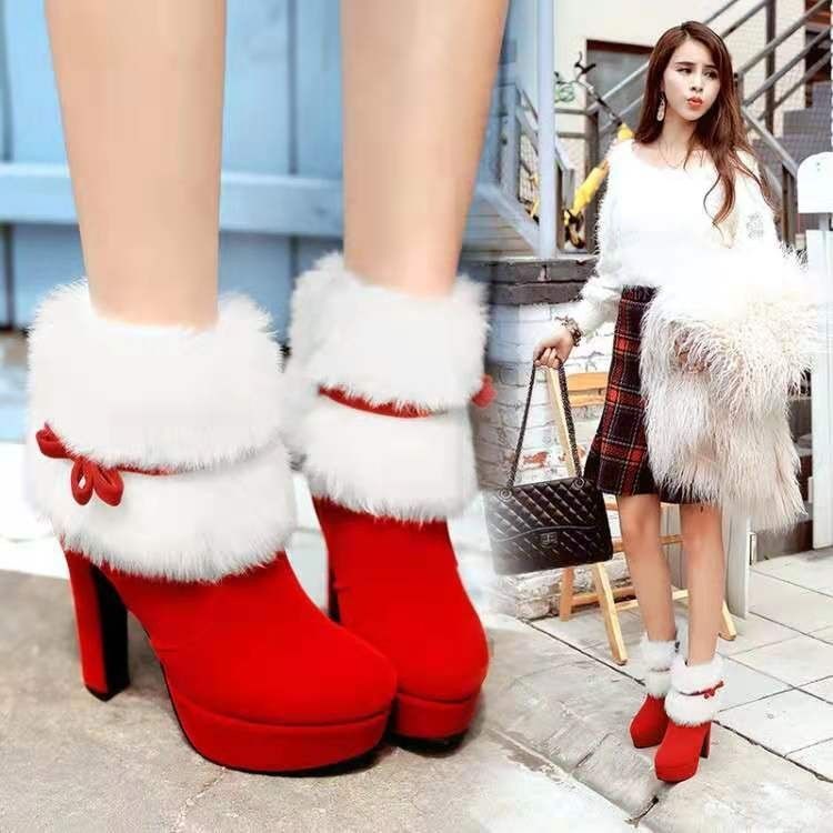 2025 Winter New Suede Coarse Heel Fashion Boots With Hairy Mouth Bow Side Zipper Waterproof Platform Short Boots For Women_voghion.com