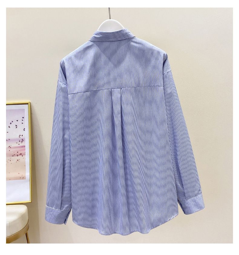 Vintage-Inspired Striped Cotton Blend Shirt For Women - Relaxed Fit, Long Sleeve, Elegant Office & Casual Wear_voghion.com