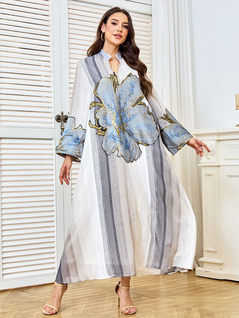 Elegantes besticktes Abaya-Kleid mit Blumenapplikation – Locker sitzendes Langarm-Maxikleid für Damen, atmungsaktives Polyester, Beige (S-XXL)_voghion.com