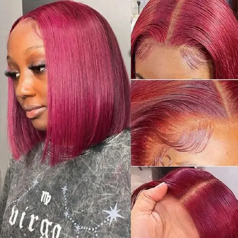 99J Burgunderrote, glatte Bob-Perücke, 13 x 4 Zoll, Spitzenfrontperücke aus Echthaar, vorgezupfter Haaransatz, brasilianisches Remy-Haar, kurze Bob-Perücke für Frauen_voghion.com