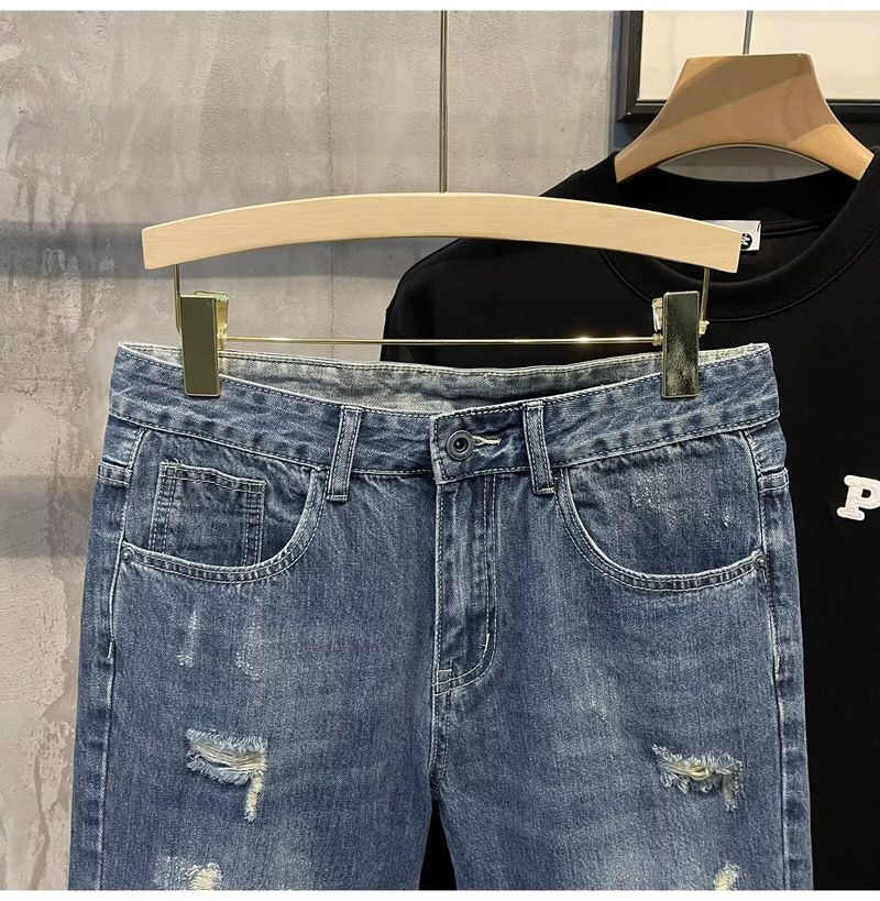 Herrenbekleidung Sommer Straight Washed Shorts Retro Ripped Denim Shorts Mittellange Hose Beliebte Hose_voghion.com