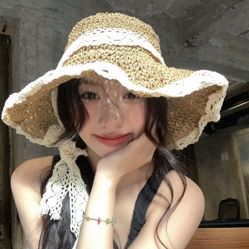 Cappello di paglia con doppio pizzo, per bambina, con protezione UV, per foto da spiaggia, estivo, in paglia_voghion.com