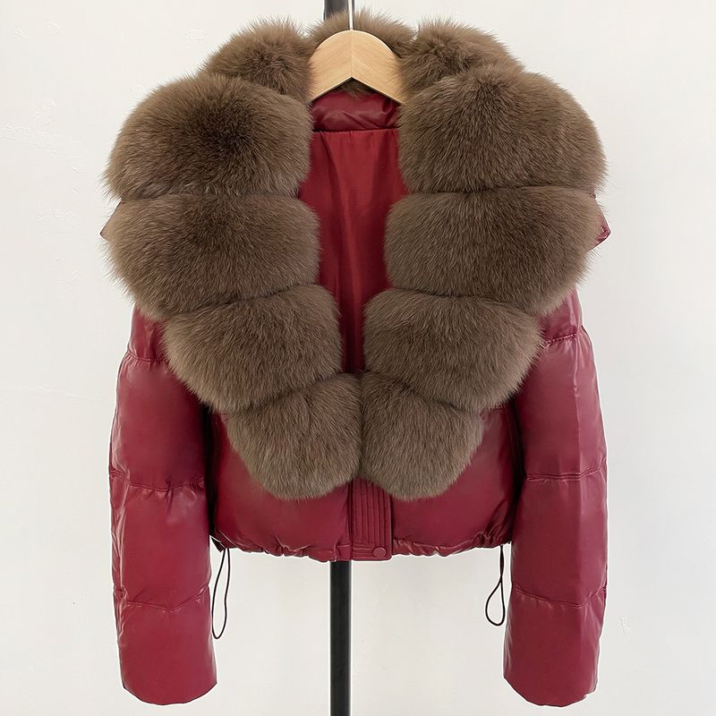 Women's Short Puffer Jacket With Detachable Fox Fur Collar, Loose Fit, Warm Winter Coat, Slimming Design, Fashionable Outerwear_voghion.com