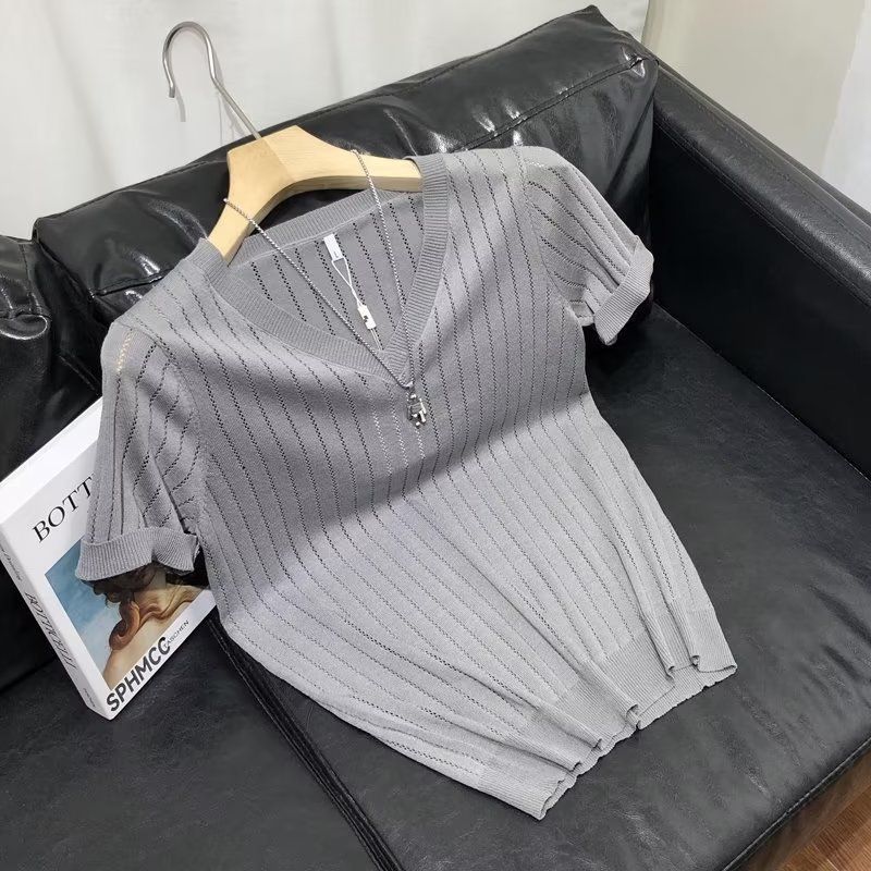 Abbigliamento maschile 2024 Estate Slim Uomo Sottile Maglietta a maniche corte Moda Scollo a V Cava Camicia con fondo Scollo a cuore Maglietta_voghion.com