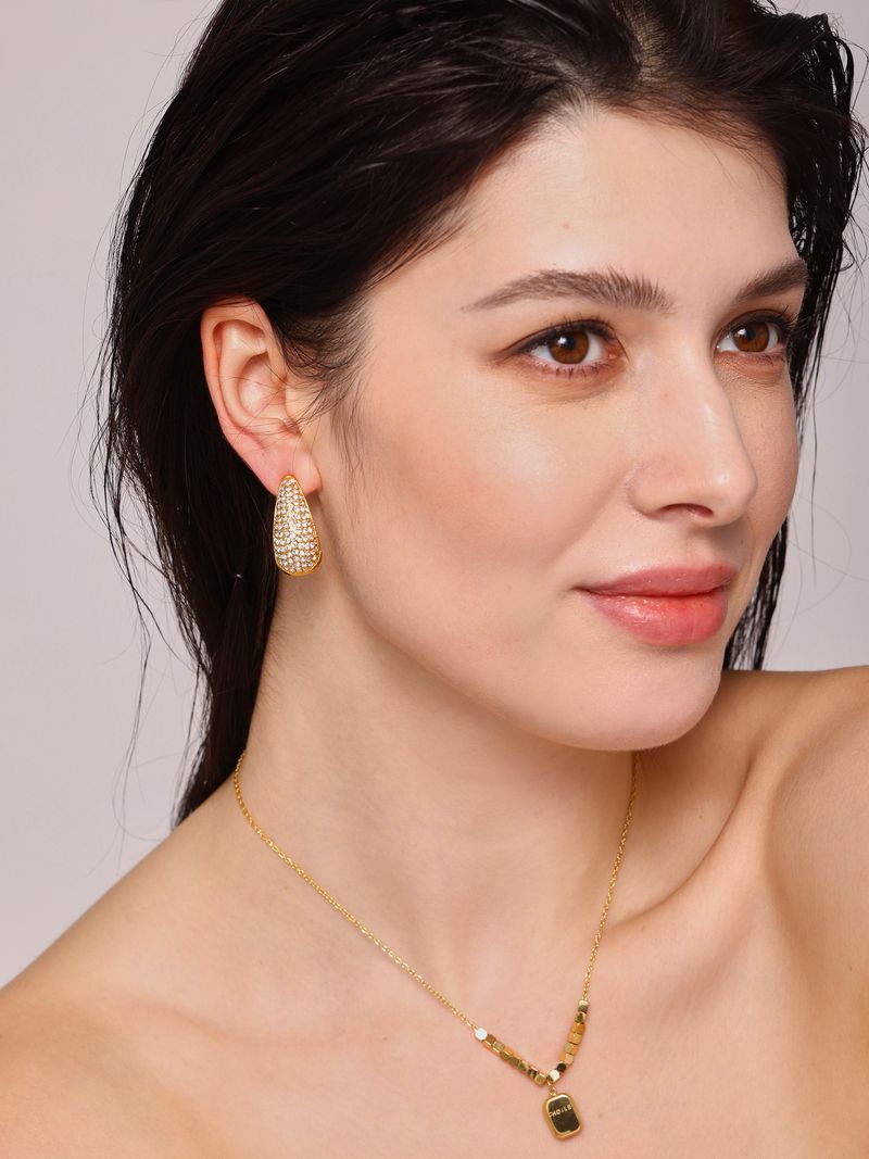 Women's Jewelry Set Water Drop Diamond Earrings French Small Square Carved English Square Pendant Necklace Daily Accessories_voghion.com