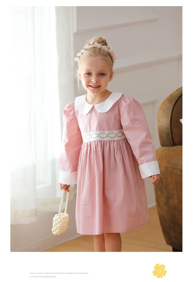 Abbigliamento per bambini Abito da bambola con colletto ricamato con fiori in rattan francese 2024 stile autunnale, colore a contrasto, in puro cotone, dolce abito da principessa a maniche lunghe_voghion.com