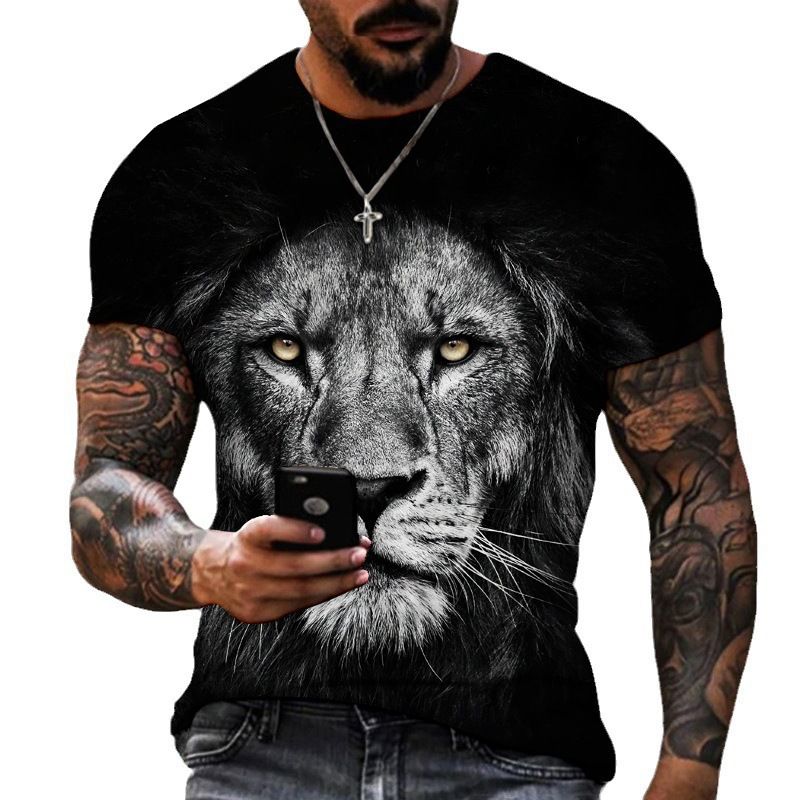 Högkvalitativ stor storlek djurlejon herr-T-shirt 3D-tryck polyester andningsbar lätt sommartröja toppar_voghion.com