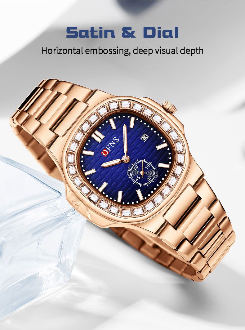 Elegant vierkant dameshorloge met kristallen, datumweergave, lichtgevende wijzers en roestvrijstalen band. Dameshorloge met quartzhorloge en kalender._voghion.com