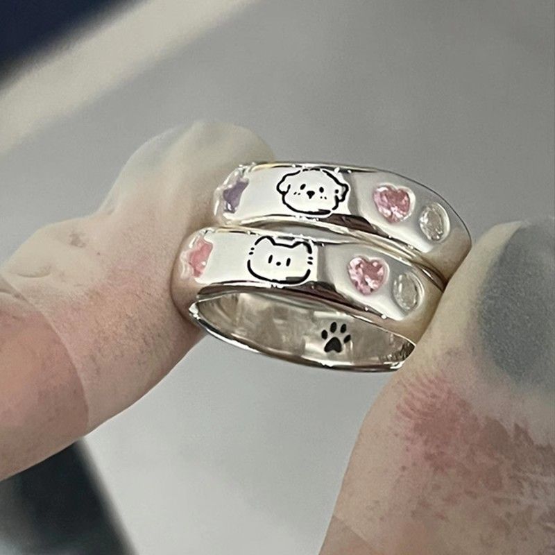 Novo anel feminino para filhotes e gatinhos, anel de dedo indicador aberto e versátil com pata de gato e zircônia em formato de coração micro pavimentado, presente para o melhor_voghion.com