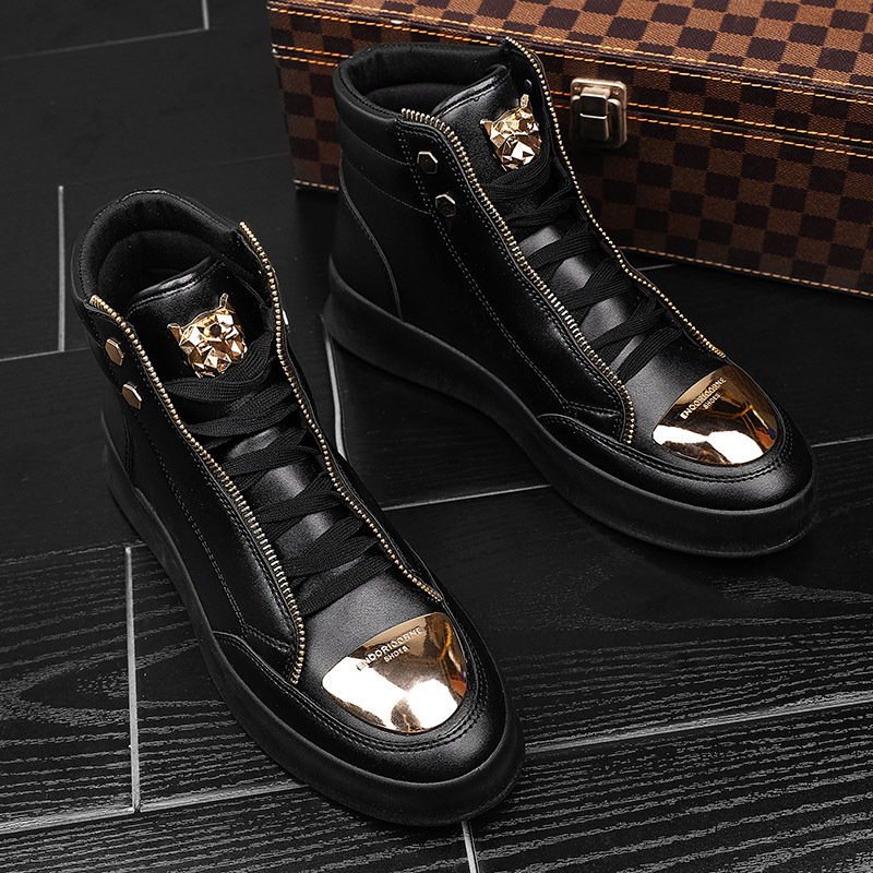 Herrenschuhe High-Top-Sneakers aus Metall, lässige Lederstiefel, Hip-Hop-Schuhe_voghion.com