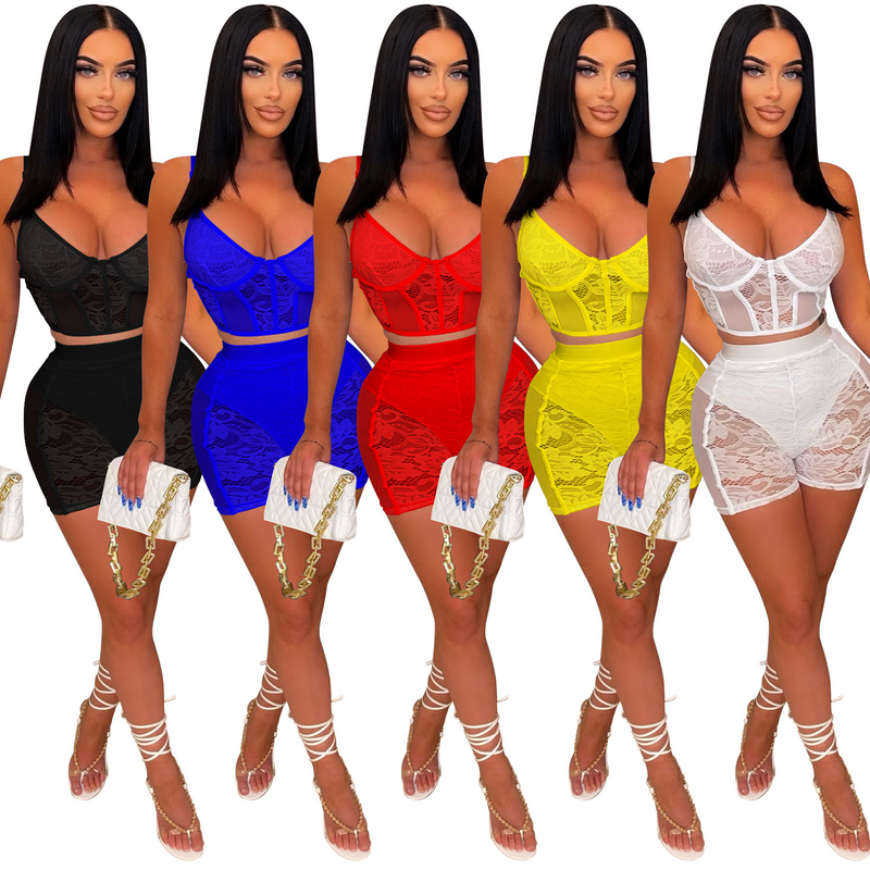 Damenbekleidung, modisches zweiteiliges Set für Damen, einfarbig, sexy Spitze, ärmellose Shorts_voghion.com