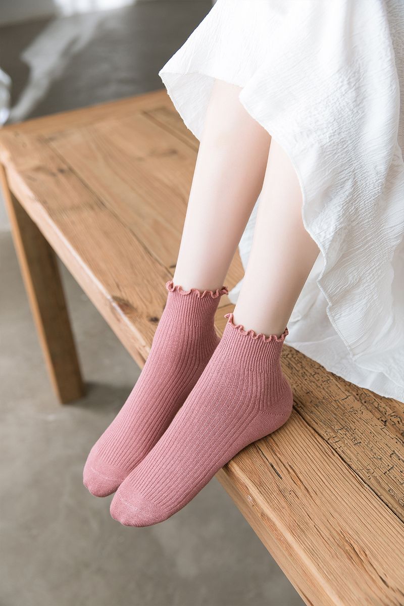 2 pairs of socks for women in a set, spring and summer, wood ear edge boat socks, double needle women's Japanese style short style, women's solid color lace women's socks_voghion.com