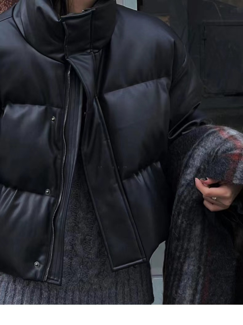 Abrigo corto de algodón y cuero PU para mujer, abrigo de invierno nuevo de pan grueso, abrigo para mujer, chaqueta acolchada para mujer, chaquetas para mujer_voghion.com