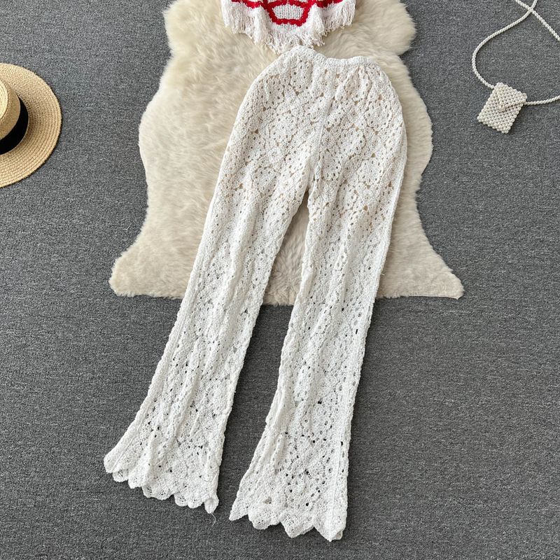 Women's Clothing Spring and summer travel holiday style V-neck tassel suspender tube top + high waist flared pants hook flower two-piece suit_voghion.com