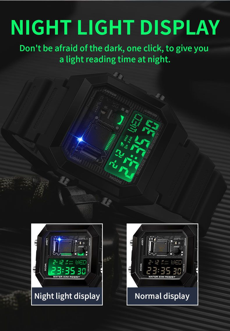 Digitaal wekkerhorloge met multifunctionele timer, stopwatch, LED-achtergrondverlichting, waterdicht tot 50 m, unisex vierkant sporthorloge voor studenten en professionals_voghion.com