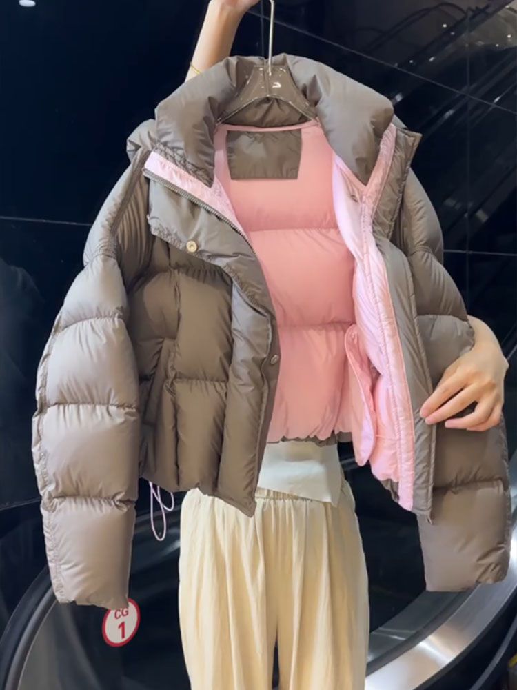 Damenbekleidung Kurze Khaki-Graue Pufferjacke Koreanischer Stil Wintermantel Lässige Oberbekleidung mit Kapuze Für Petite_voghion.com