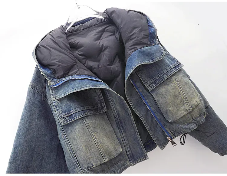 Giacca da donna in denim di cotone invernale, corta, ampia, con cappuccio, blu vintage, con tasche grandi, in jeans, da cowboy_voghion.com
