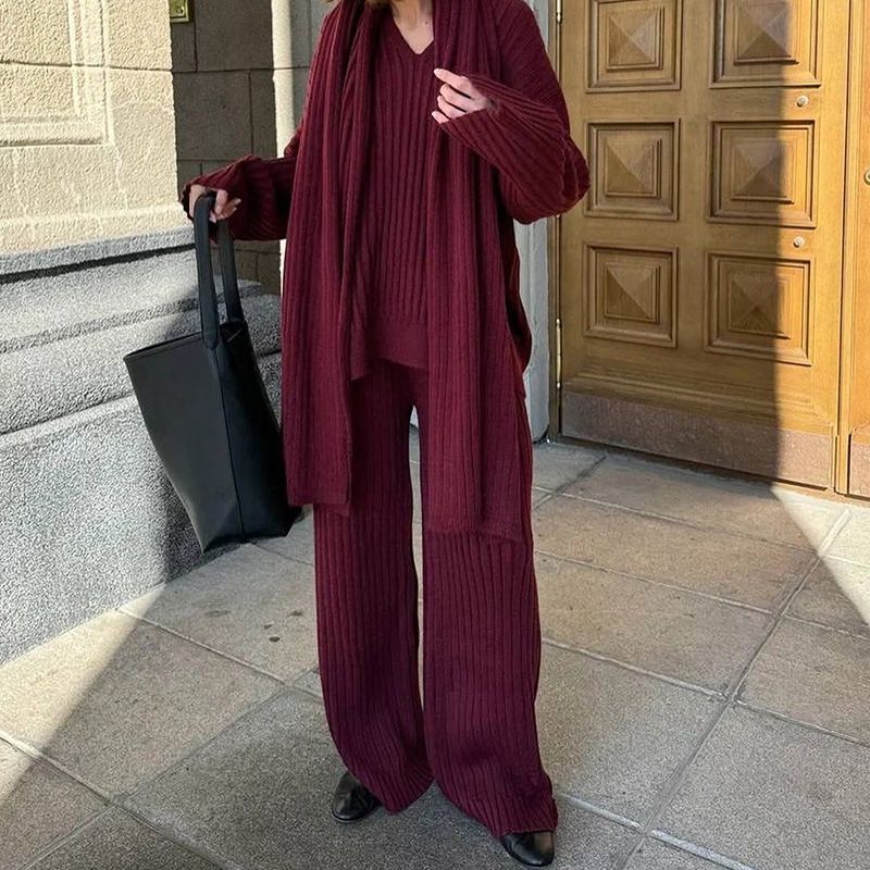 Oversized Knit Sweater & Scarf Set – Fall/Winter Women's Loungewear (Wine Red/Sage Green/Gray, S-L)_voghion.com