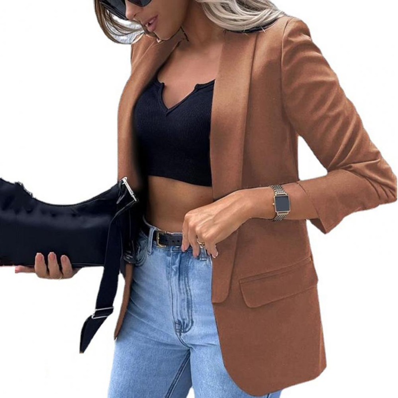 Fashion 2022 Blazer Woman Jacket Flap Pockets Solid Color Suit Jacket Office Work Lapel Open Front Cardigan Blazer_voghion.com