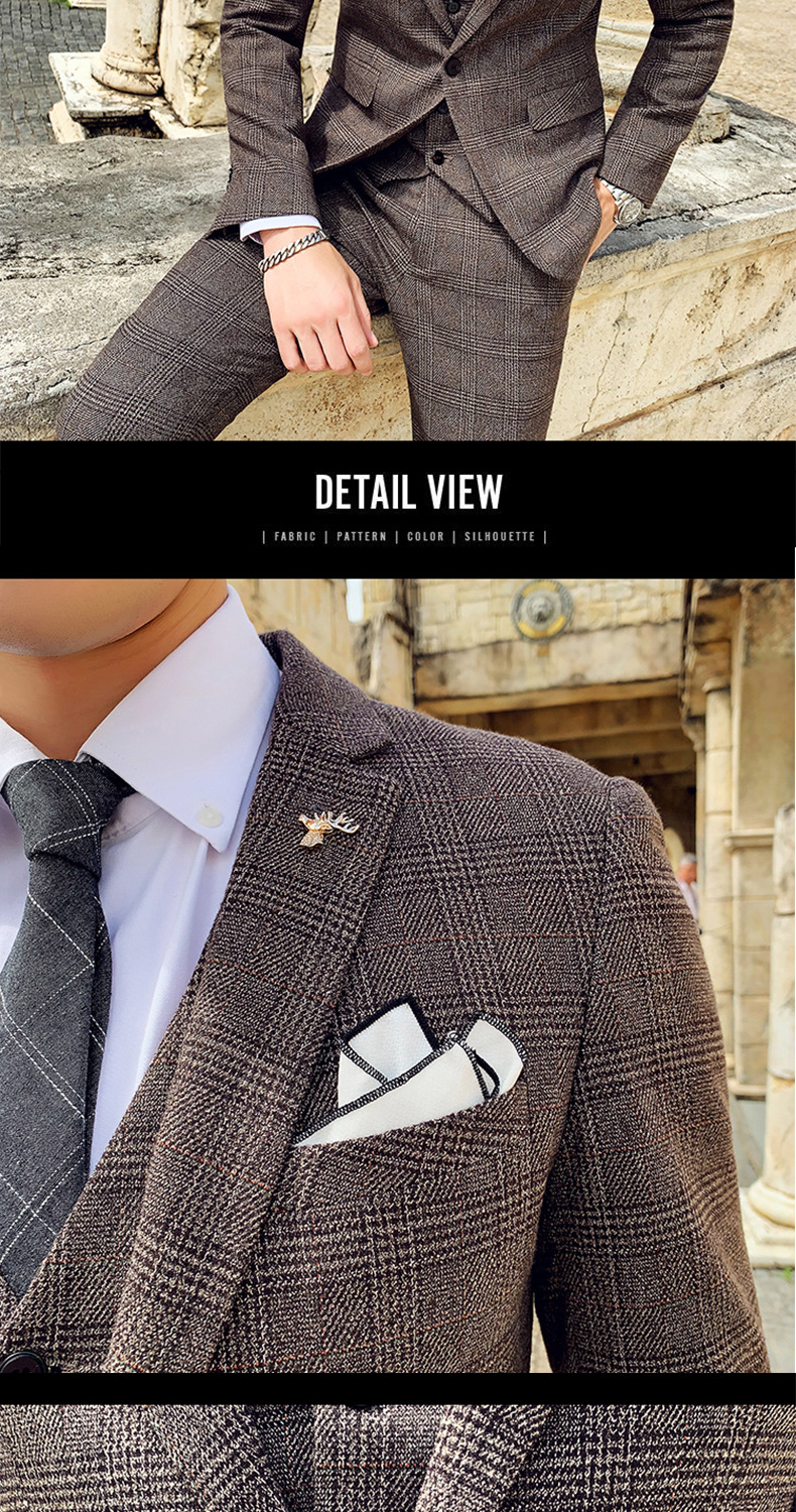 Men's Three-piece Suit Korean Style British Slim Plaid Wedding Casual Three-piece Suit_voghion.com