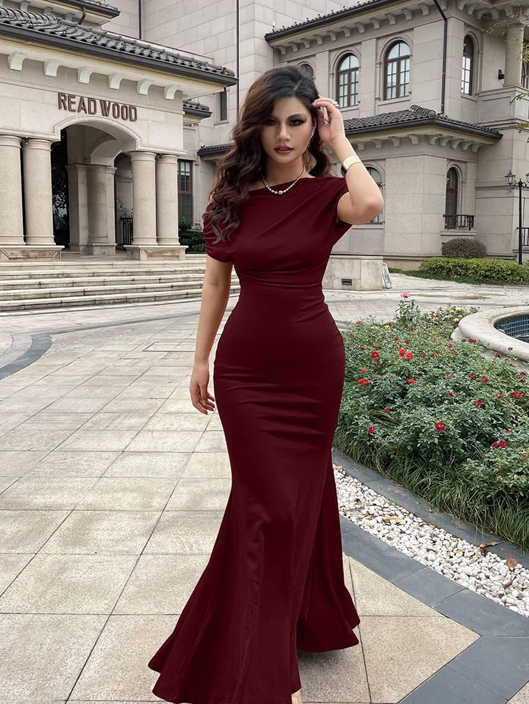 Rochie sexy pentru femei, cu mânecă scurtă, ușor șifonată, cu umeri oblici în față_voghion.com