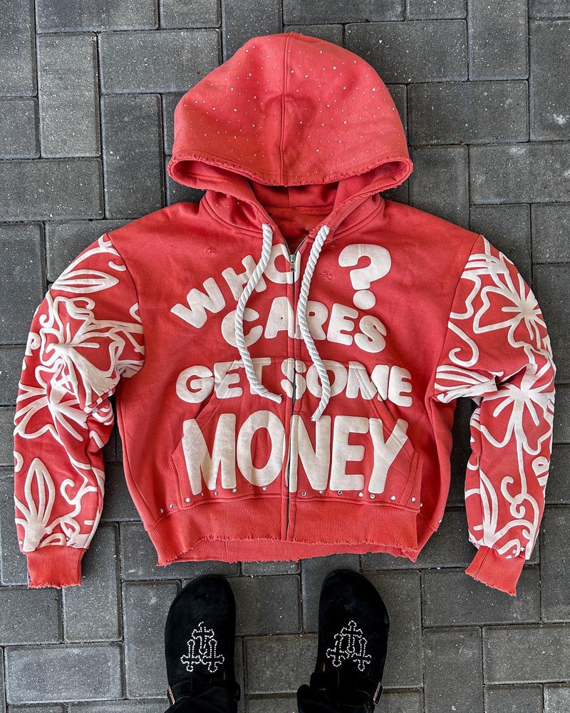 Felpa con cappuccio streetwear retrò Y2K con stampa in schiuma e dettagli in strass - Felpa oversize per uomo e donna, estetica Instagram alla moda_voghion.com