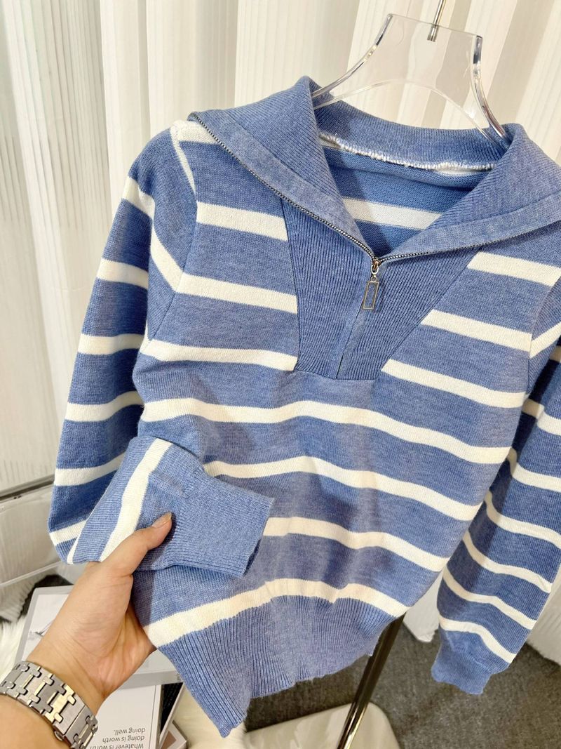 Women's Clothing Zipper Contrast Color Striped Knit Sweater With Zip Collar - Casual Loose Fit Pullover For Autumn Winter, School Style Slimming Top_voghion.com