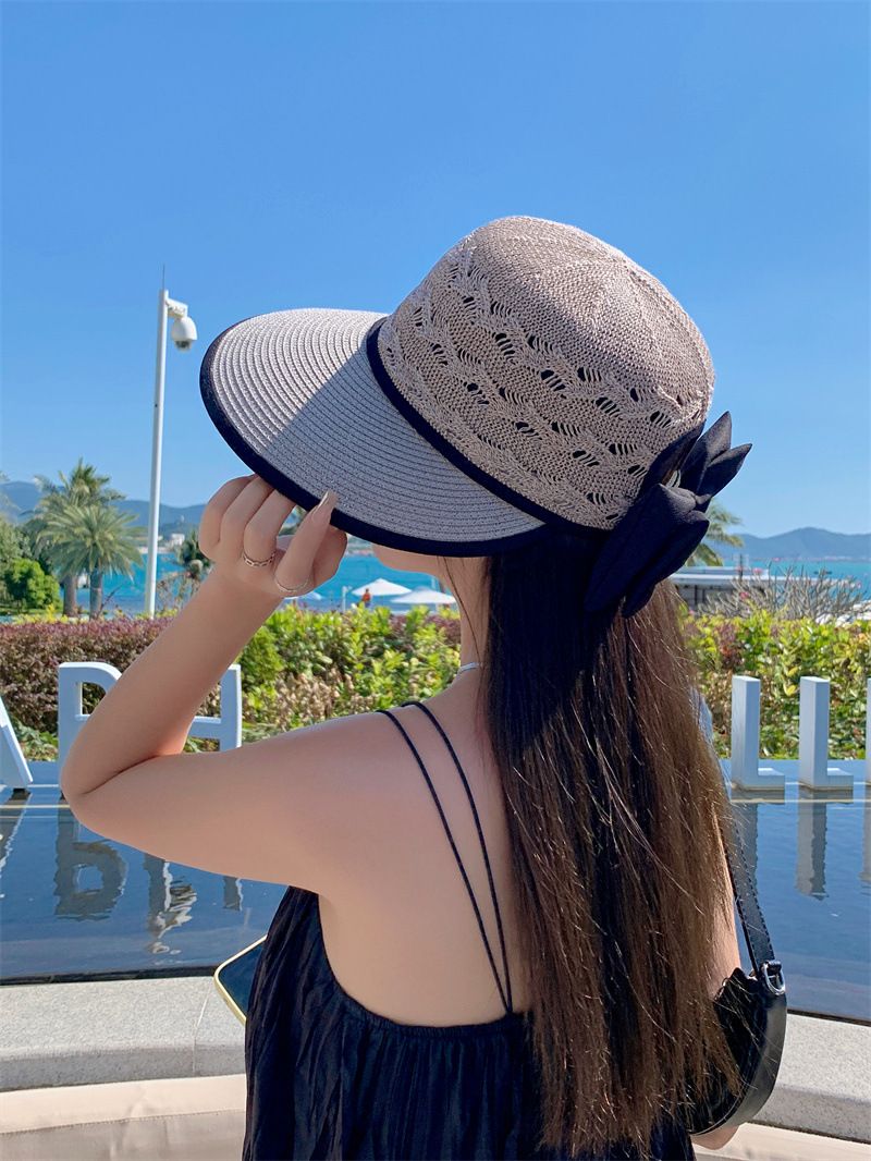 Nuovi arrivi Cappello di paglia con coda di cavallo da donna, visiera a tesa larga, estivo, regolabile, cappelli pieghevoli da spiaggia_voghion.com