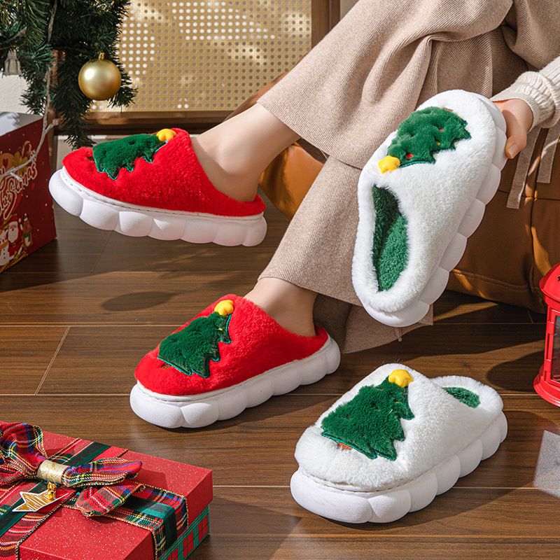 Damen Hausschuhe mit Weihnachtsbaum-Motiv, für Zuhause, Herbst und Winter, warme Baumwolle, dicke Sohle_voghion.com