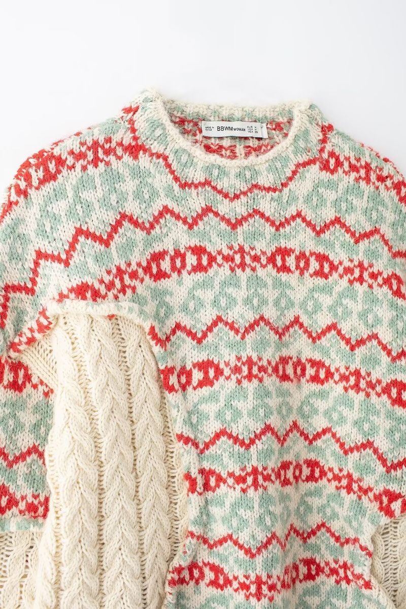 Women's 2024 Autumn/Winter New Street Fashion Round Neck Splicing Jacquard Knitted Shirt_voghion.com