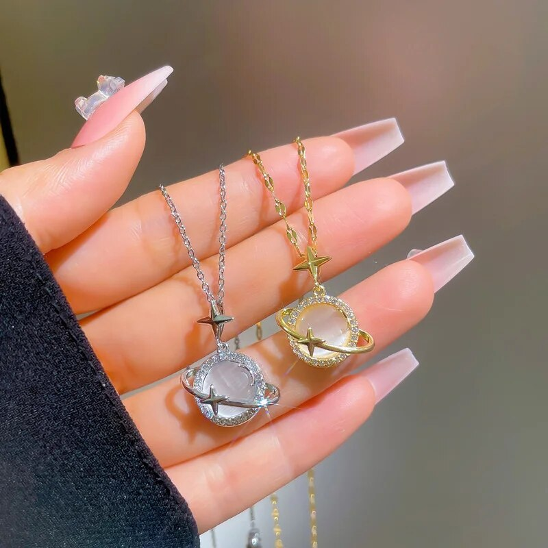 Stainless Steel Gold Color Opal Planet Star Pendant Necklace For Women Girl Elegant Jewelry Party Gift Wholesale_voghion.com