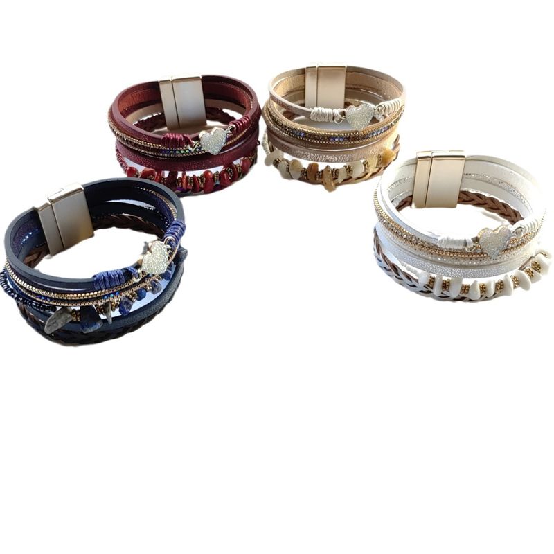 Multi Layer Fashionable Peach Heart Crushed Stone Leather Bracelet, Ladies' Magnetic Buckle Batch_voghion.com