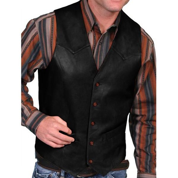 Gilet rétro pour homme, style européen et américain, costume de scène, col rond décoratif, manches courtes, style chasseur décontracté_voghion.com