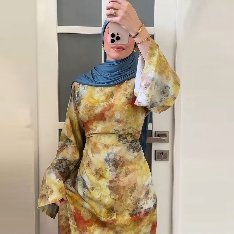Damenbekleidung Damenkleid mit Blumendruck – Elegantes Langarm-Midikleid mit Fliege, Büro- und Freizeitkleidung (Grün, Gelb, S/M/L/XL)_voghion.com