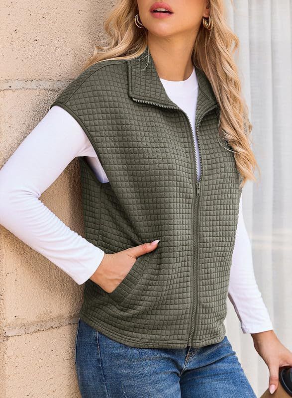 Dames vest met rits en wafelmotief, mouwloos en oversized, met zakken - lichtgewicht laagjeskleding voor casual en werkkleding_voghion.com